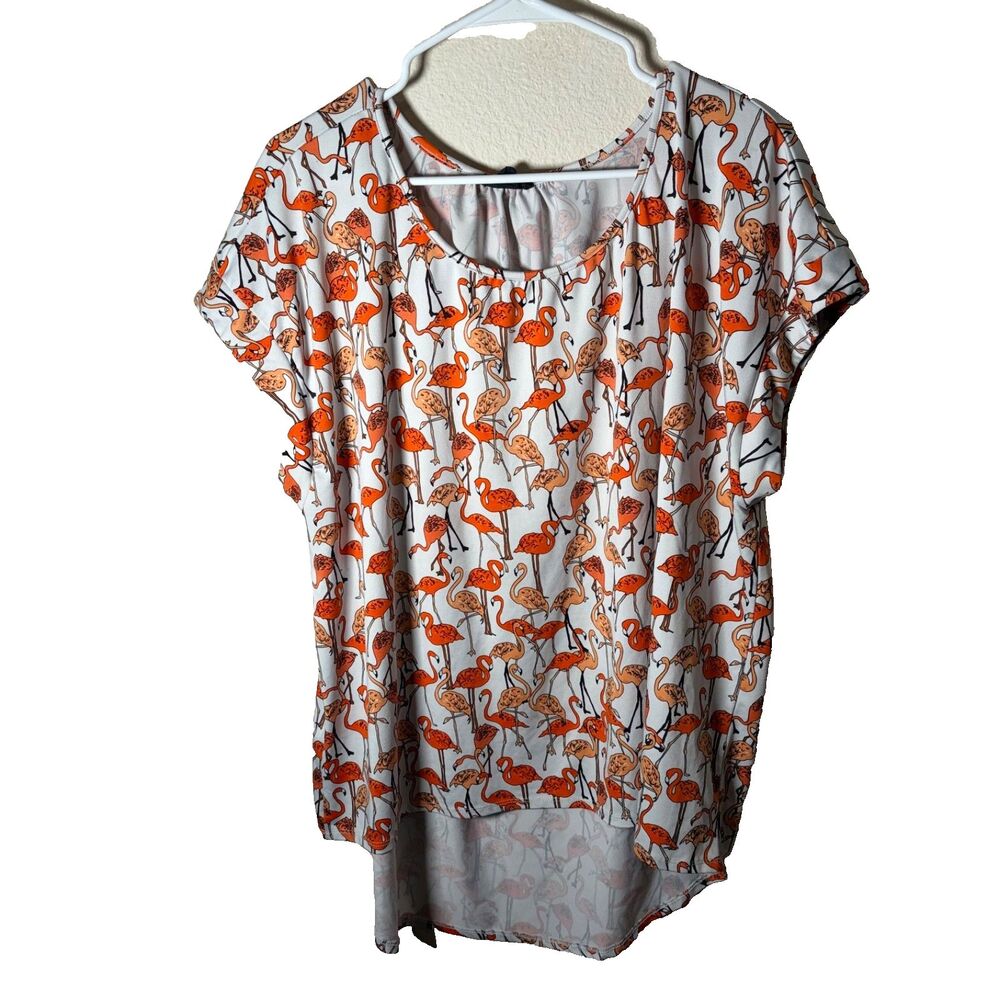 Tacera Blouse Women's 2X Round Neck Flamingo Shirt Short Sleeve Round Neck